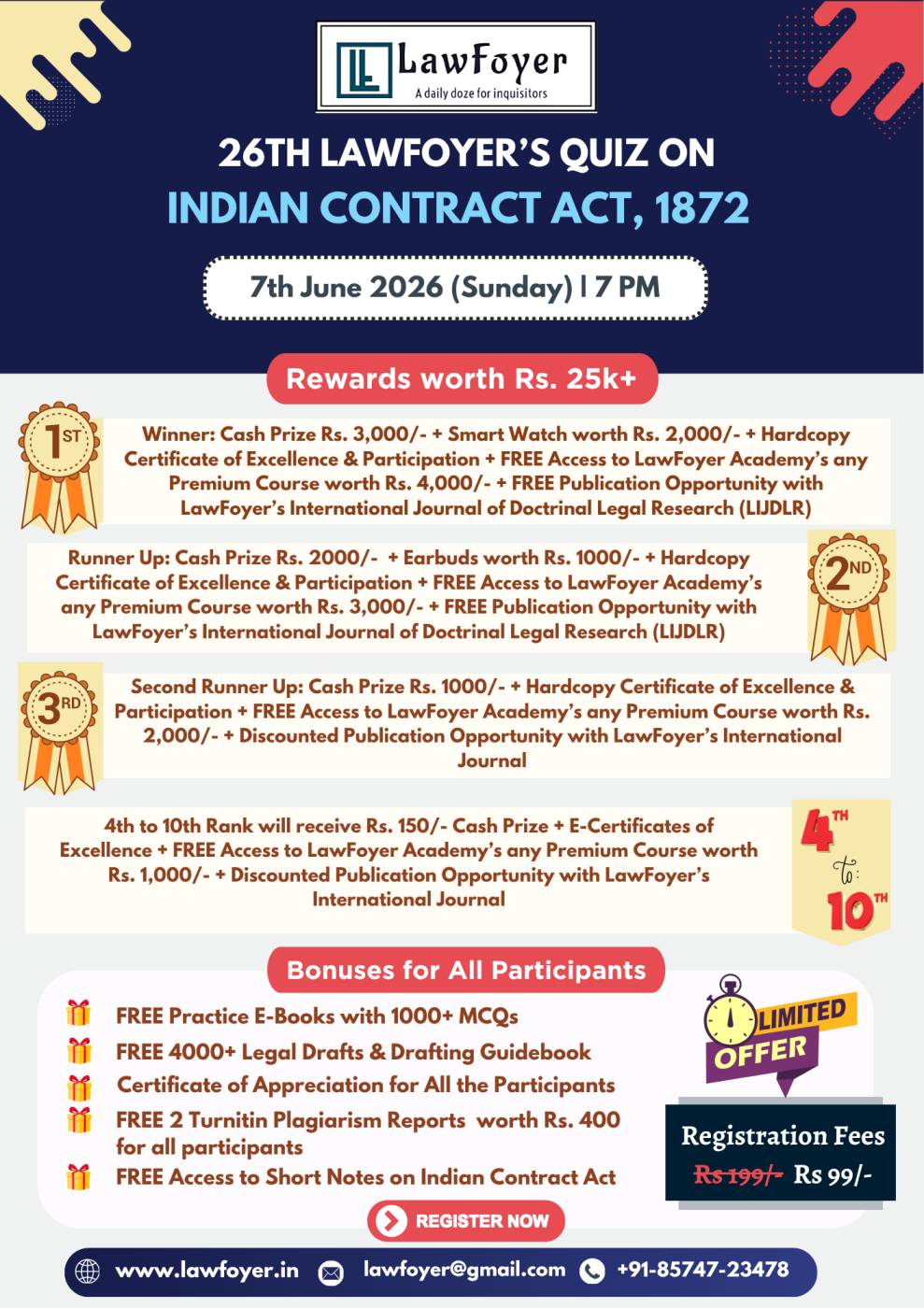 Poster for LawFoyer's quiz on Indian Contract Act, 1872, dated 7 June 2026 (Sunday) at 7 PM with prize details listed below.