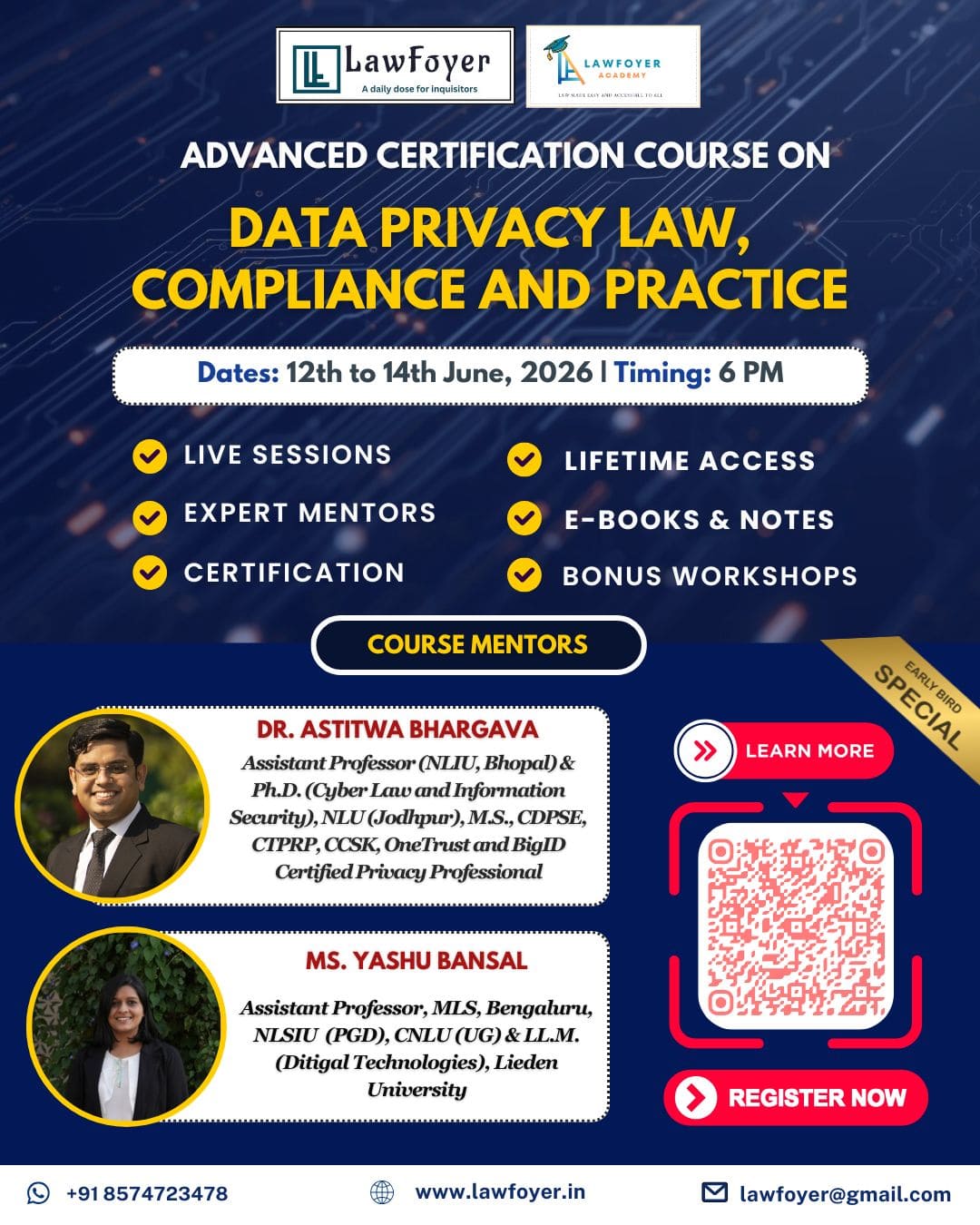 Poster for a Data Privacy Law course (June 12–14, 2026, 6 PM) with live sessions, mentors, certification, and e-books.