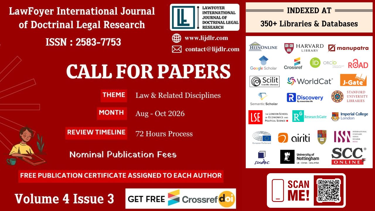 Red poster announcing Call for Papers for Law & Related Disciplines, Aug–Oct 2026, with free publication certificate wording and 72 Hours Process note.