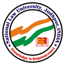 Circular logo for National Law University, Jodhpur, India, featuring an orange–green wave and a red book with 'We, the People of India' and the motto 'Knowledge is Empowerment' around the edge.