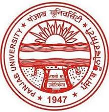 Circular red seal of Panjab University with a rising sun over a river and bridge, 1947.