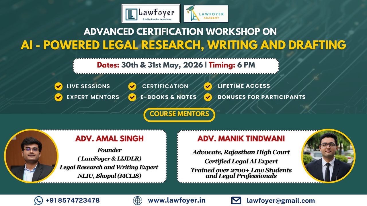 Banner for Advanced Certification Workshop on AI-powered legal research, writing and drafting; dates May 30–31, 2026 at 6 PM; logos visible.