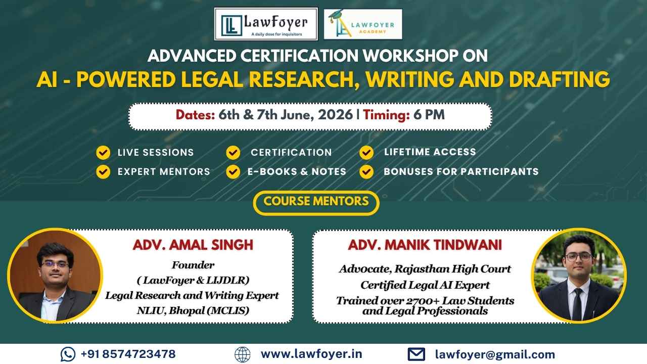 Banner advertising an Advanced Certification Workshop on AI-powered legal research, writing and drafting with dates June 6–7, 2026 and course mentors pictured in circles on each side.