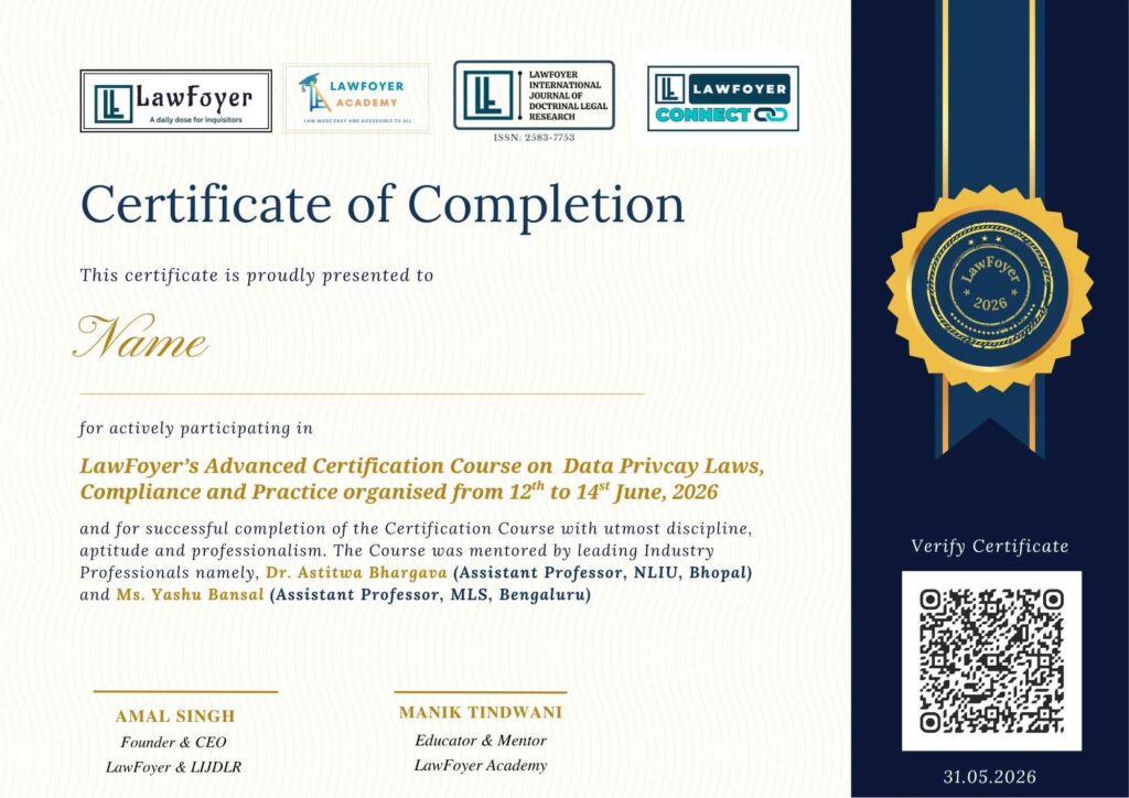 Certificate of Completion page with LawFoyer logos at the top and a gold medal seal on the right side panel.