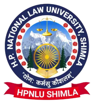Seal of HP National Law University Shimla with scales of justice, mountains, sunburst wheel, trees, and a red HPNLU Shimla banner.