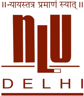 Logo for YU Delhi featuring large red stylized letters 'YU' above the word 'DELHI' with decorative lines and a Sanskrit motto at the top