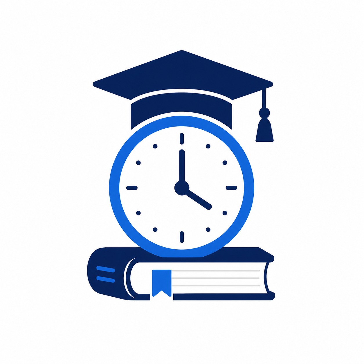 Clock wearing a graduation cap placed on a stack of two books, symbolizing education and time