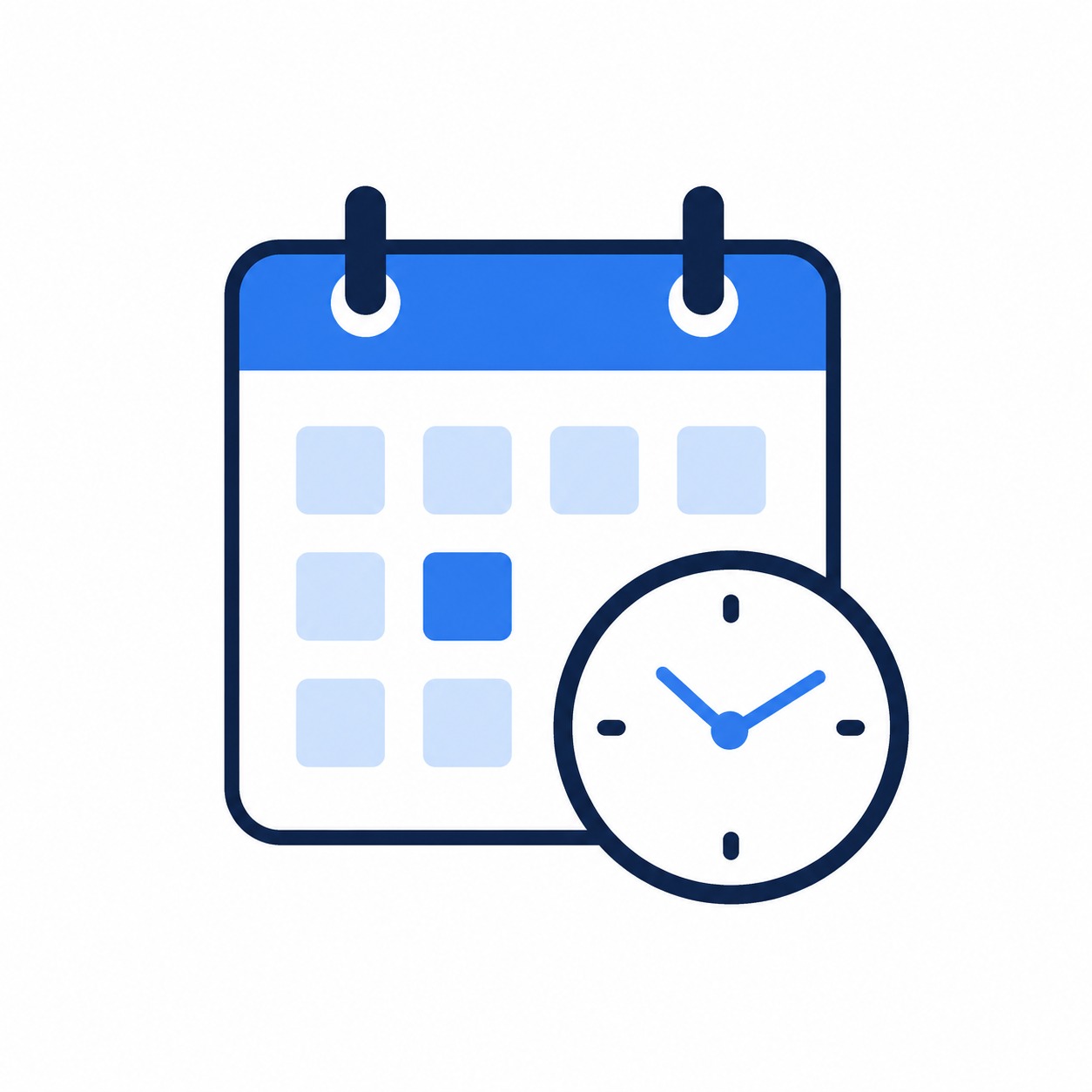 Blue calendar icon with a clock, representing a scheduled appointment or time.