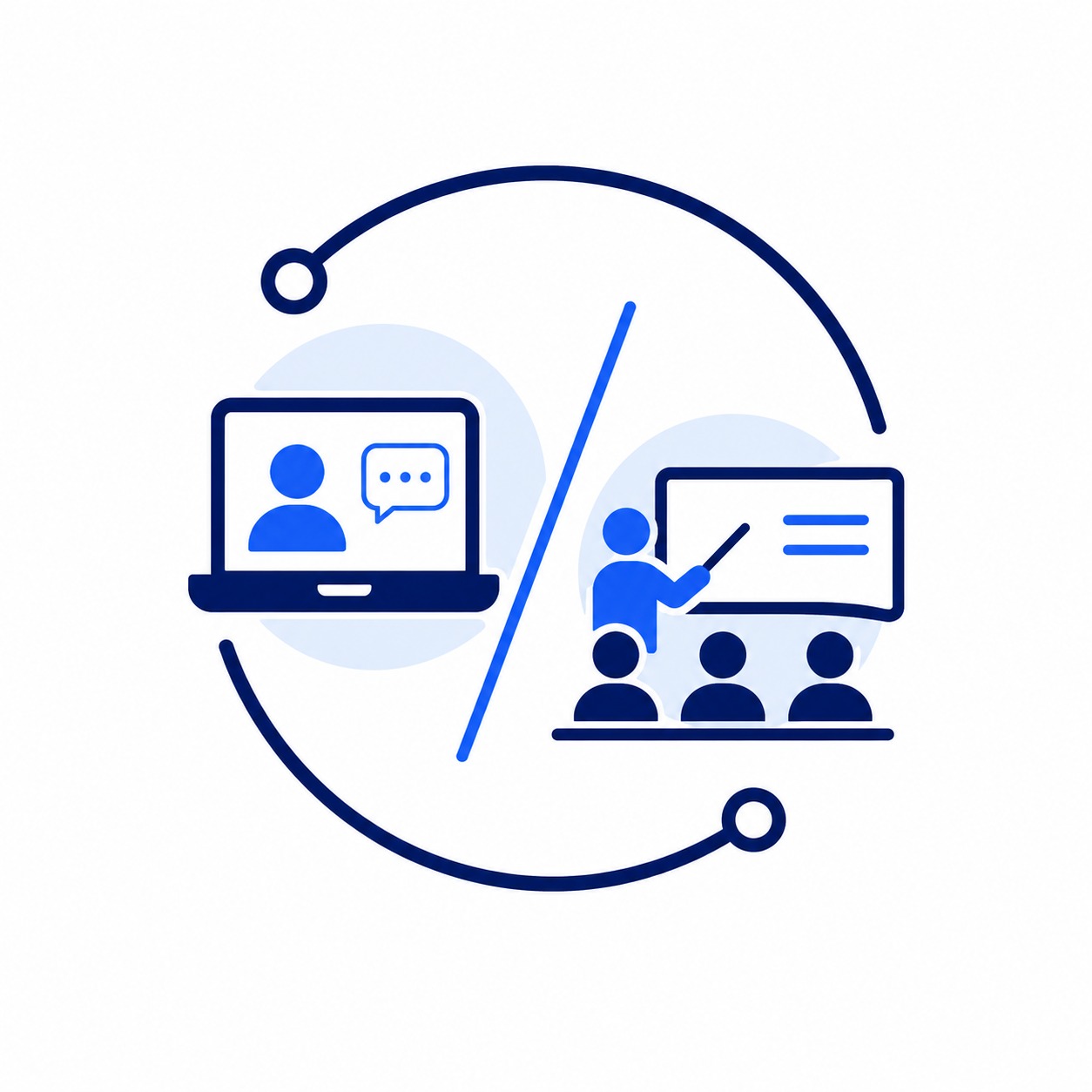 Hybrid learning concept: remote online chat on a laptop on one side and an in-person classroom on the other side with a teacher and students.