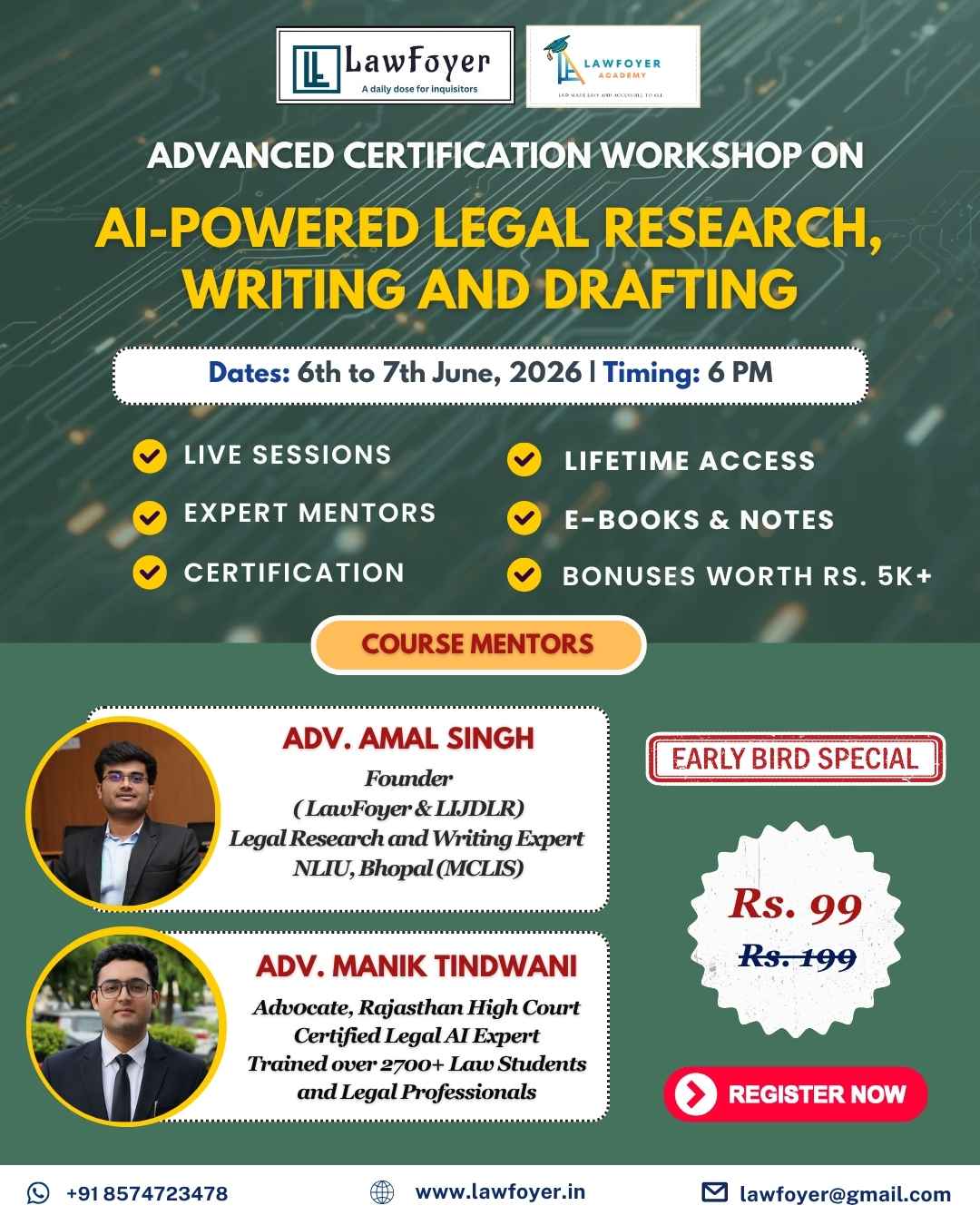 Poster for an Advanced Certification Workshop: AI-powered legal research, writing and drafting. Dates: June 6–7, 2026, 6 PM.