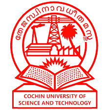 Seal of Cochin University of Science and Technology: red circular emblem with an open book, sunburst, palm tree, and tower, and the university name at the bottom.