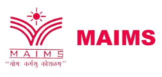 Logo for MAIMS: a red emblem with a stylized sun above an open book on the left and bold red 'MAIMS' text on the right, with Hindi motto beneath the book.