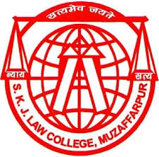 Logo of S. K. Law College, Muzaffarpur featuring a globe, scales of justice, and a red circular border.