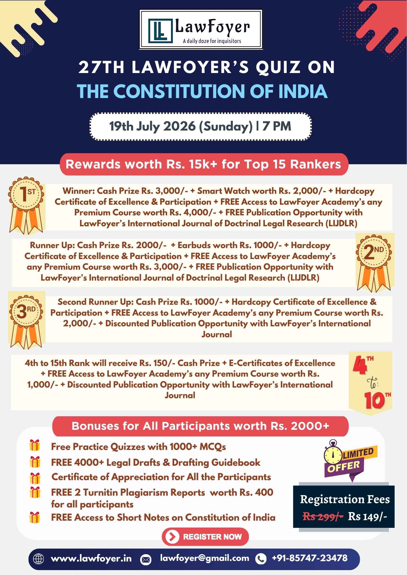 Poster for LawFoyer quiz on The Constitution of India, July 19, 2026 at 5 PM; top prizes for top 15, with registration and rewards details.