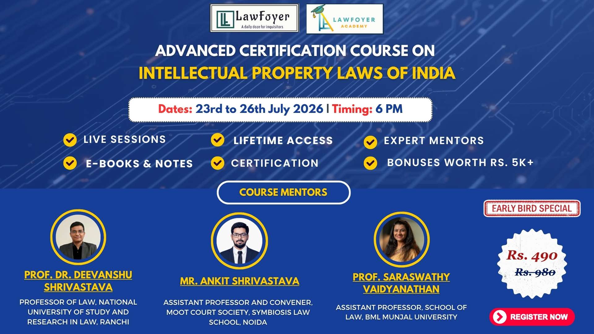 Promo banner for Advanced Certification Course on Intellectual Property Laws of India with dates July 23–26, 2026 and timing 6 PM.