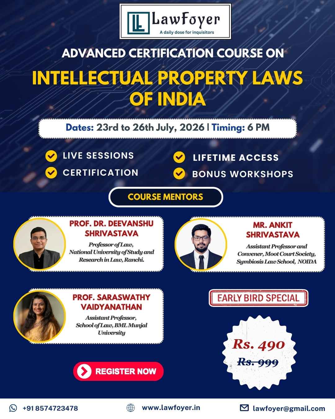Poster advertising an IP laws course by LawFoyer with dates July 23–26, 2026 and 6 PM, plus mentor photos.