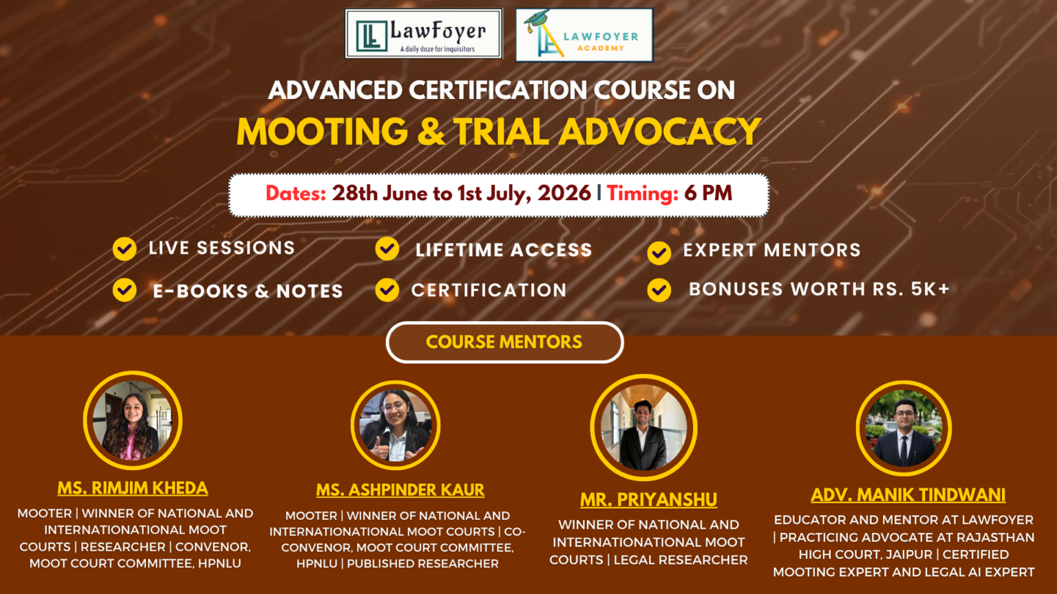 Hero banner for an advanced Mooting & Trial Advocacy course featuring logos, dates, timings, and mentor portraits.
