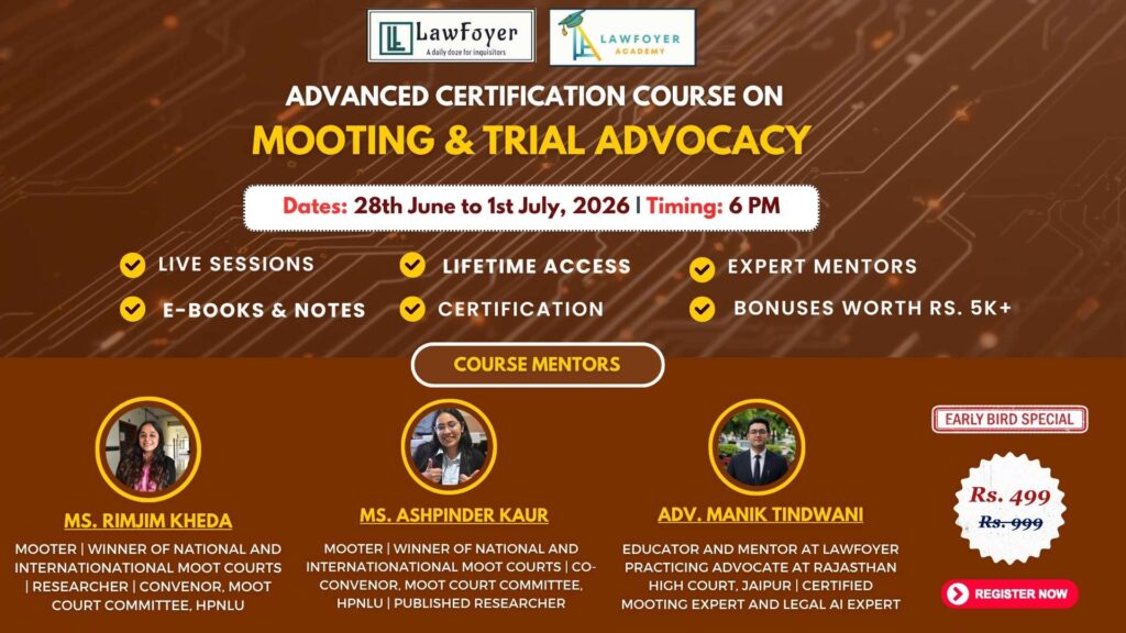 Banner advertising an advanced certification course on mooting and trial advocacy with dates 28th June to 1st July, 2026.