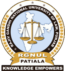 Logo of Rajiv Gandhi National University of Law, Punjab, Patiala, with scales of justice over a map of India and the motto 'Knowledge Empowers'.