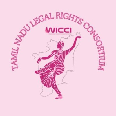 Logo for WICCI Tamil Nadu Legal Rights Consortium, showing a dancing figure over a map outline on a pink background, with curved text surrounding.