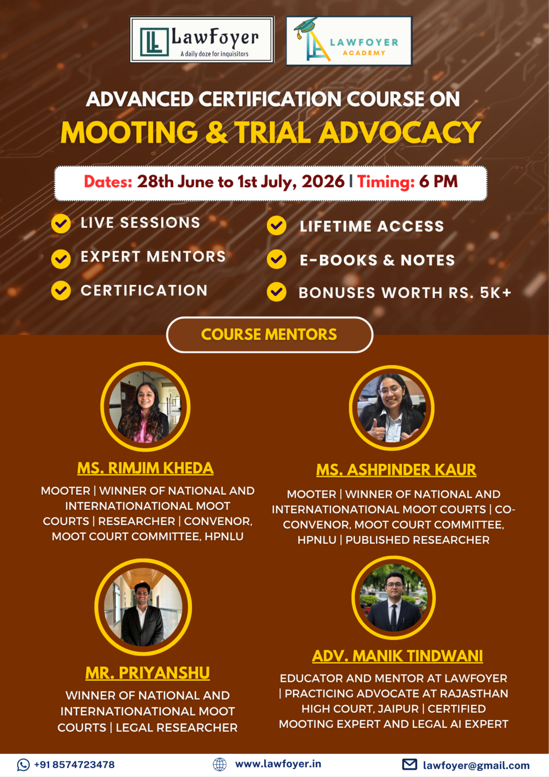 Poster advertising an Advanced Certification Course on Mooting & Trial Advocacy with date/time details and mentor photos at the bottom.