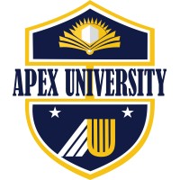Apex University logo: blue and gold shield with an open book and torch motif, branding for the institution