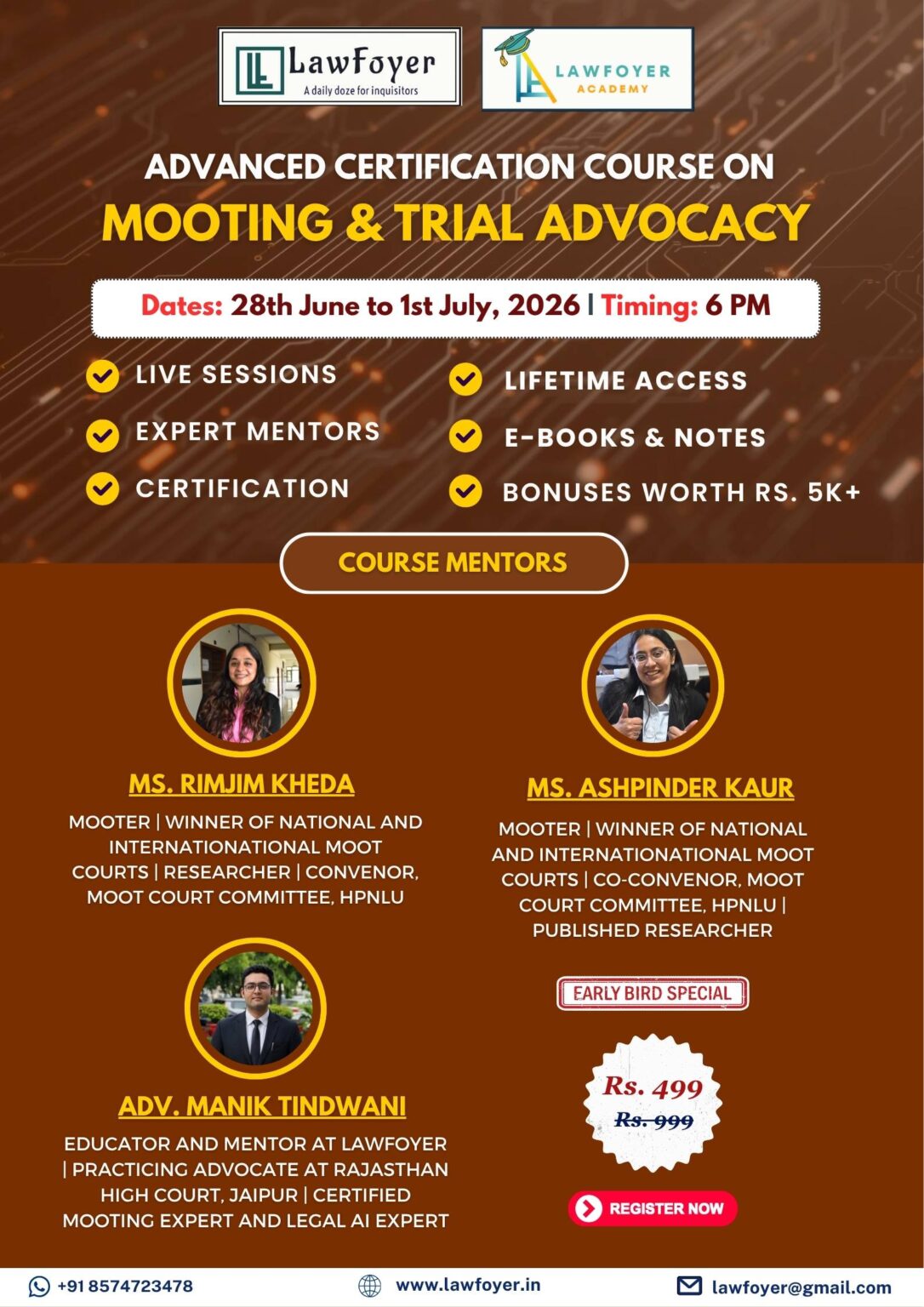 Poster advertising an advanced certification course on mooting and trial advocacy, with logos, dates, and timing.
