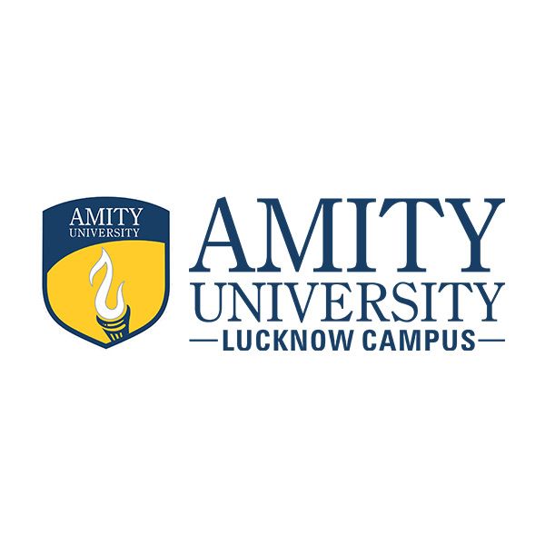 Amity University Lucknow Campus logo featuring a blue shield with a yellow flame and the campus name text