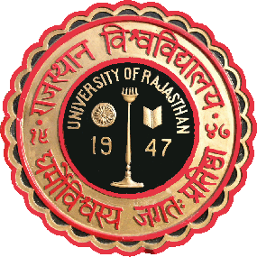 Seal of the University of Rajasthan featuring a central torch and book, surrounded by text and the year 1947.