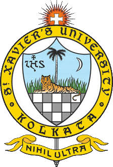 University seal featuring a tiger resting on a checkered pedestal beneath a palm tree and crescent moon, surrounded by a ring that reads 'Xavier's University' with a motto and a yellow ribbon reading 'Nihil Ultra'.
