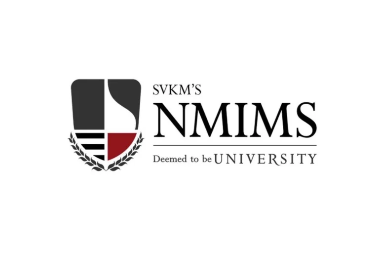 NMIMS logo featuring a shield emblem with laurel leaves and the text 'SVKM'S NMIMS Deemed to be UNIVERSITY'