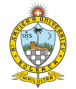 Seal of St. Xavier's University, Kolkata, featuring a sunburst with a cross, palm tree, tiger, checkerboard shield, and the Nihil Ultra motto on a banner.
