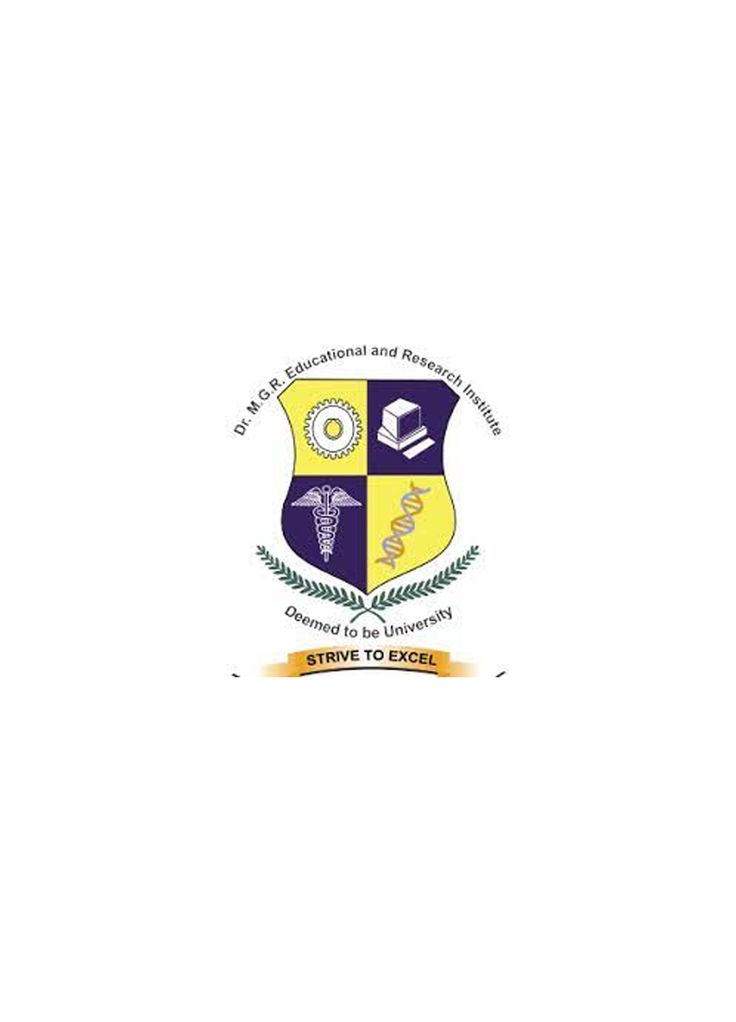 Logo of Dr. M.G.R. Educational and Research Institute featuring a two-tone shield with gear, books, caduceus, and DNA symbols, laurel wreath, and the motto 'Strive to Excel'