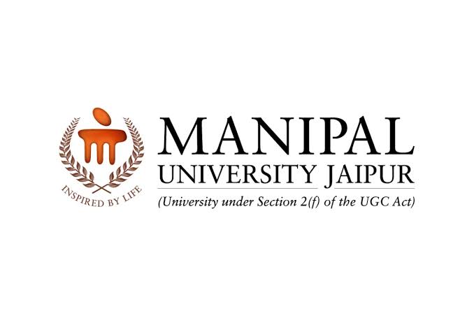 Manipal University Jaipur logo with orange emblem and laurel wreath, 'INSPIRED BY LIFE' ribbon, and bold text 'MANIPAL UNIVERSITY JAIPUR' with '(University under Section 2(f) of the UGC Act)'
