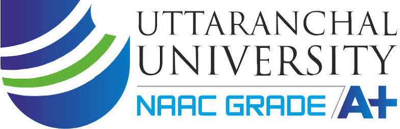 Uttarakhand University logo with blue-green circular emblem on the left and NAAC Grade A+ text on the right.