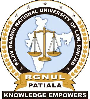 Logo of RGNUL Patiala with scales of justice over a map of India, gold laurel border, and the motto 'Knowledge Empowers'