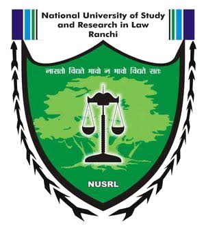 Logo of the National University of Study and Research in Law, Ranchi: a green shield with scales of justice, a laurel-style border, and NUSLR initials, plus the university name banner at top.